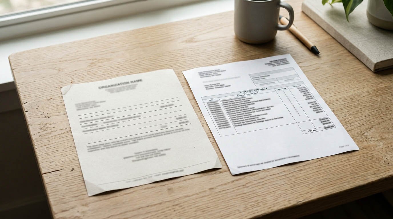 A charitable donation receipt and medical bill, illustrating commonly forgotten items in standard vs itemized deductions