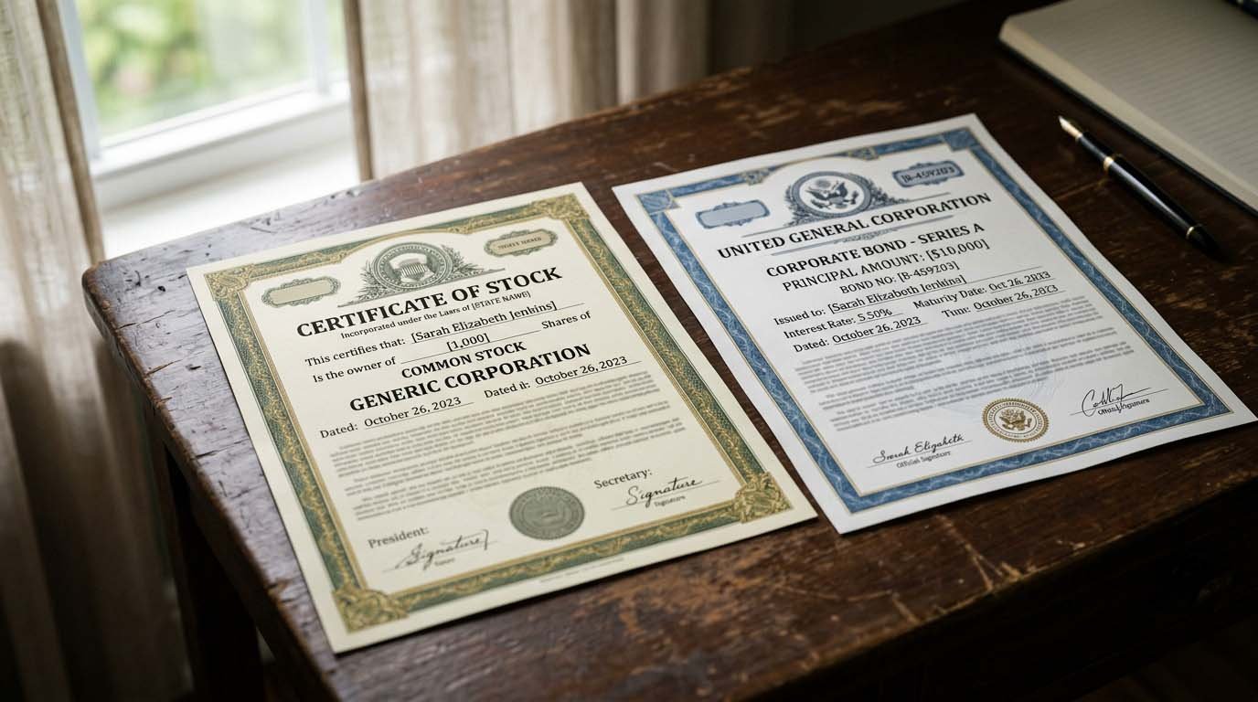 A stock certificate and a bond certificate resting side by side on a desk