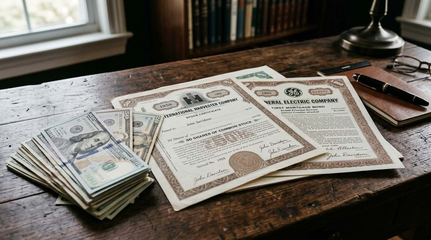 Cash payments next to a stock certificate and a bond certificate, representing dividend and coupon income