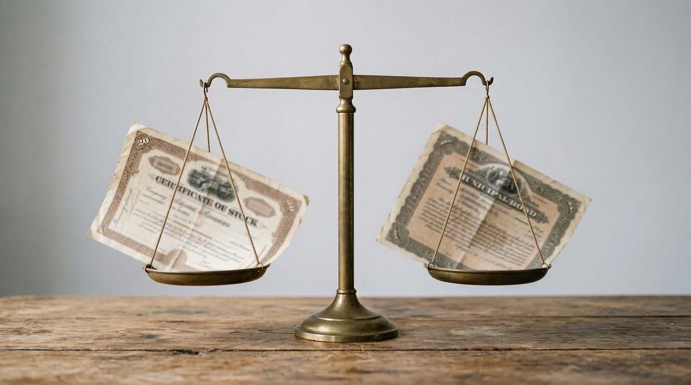 A balance scale weighing a stock certificate against a bond certificate