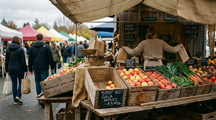 farmers market produce stand illustrating supply and demand in local pricing