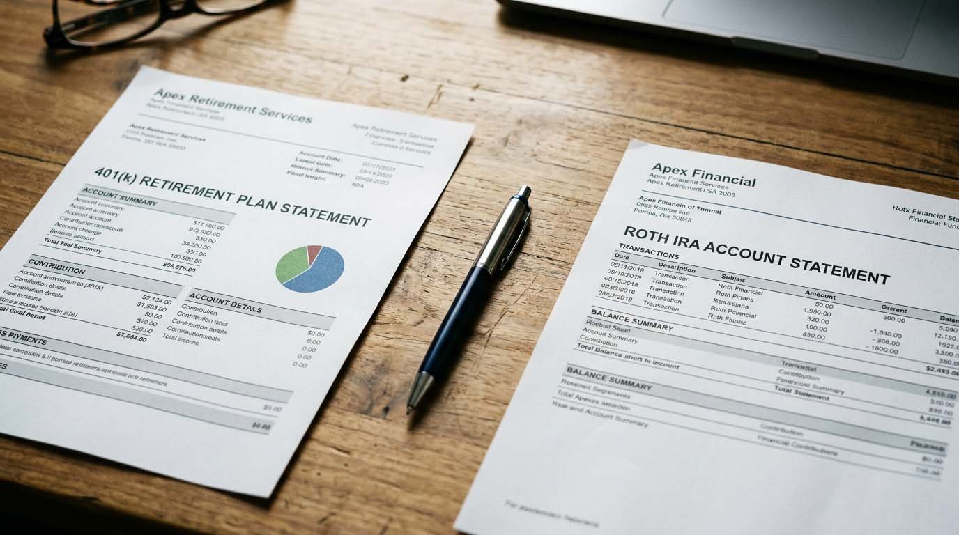 A 401k statement and a Roth IRA statement placed side by side on a desk