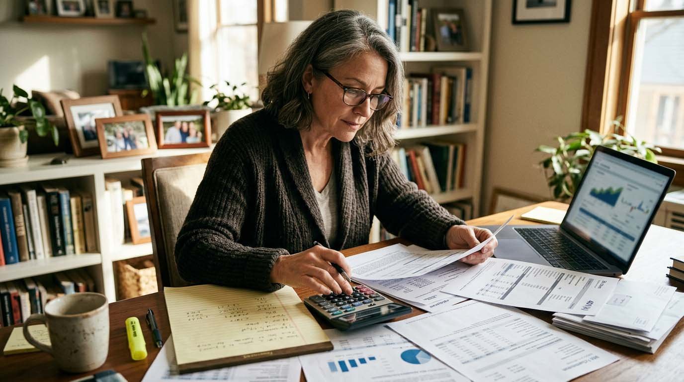 A realistic photo of a person planning retirement contributions at a desk with a calculator and printed account statements, representing tax-deferred vs tax-free decision making