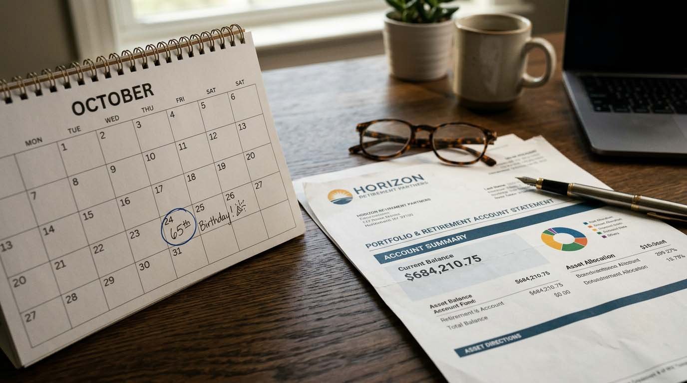 A realistic photo of a calendar turned to a birthday date next to a retirement account statement, representing the age when Required Minimum Distributions begin