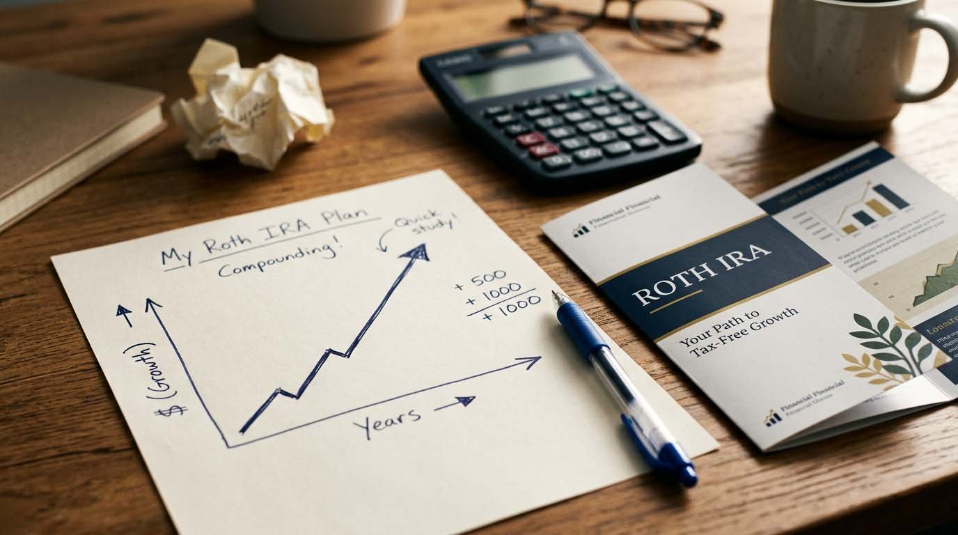 A realistic photo of a hand-drawn growth chart on paper next to a Roth IRA brochure, representing tax-free growth over time