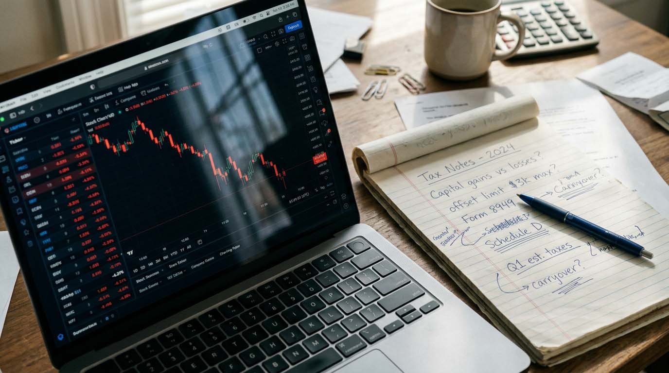 A laptop screen showing a declining stock chart next to a notepad with tax notes