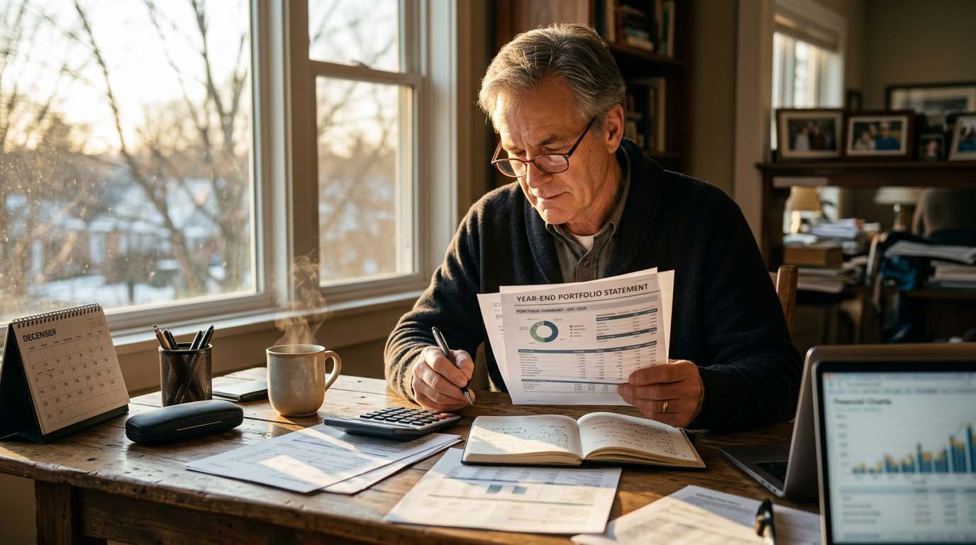A realistic photo of an investor reviewing a portfolio statement at a desk near year-end, representing planning for tax-loss harvesting