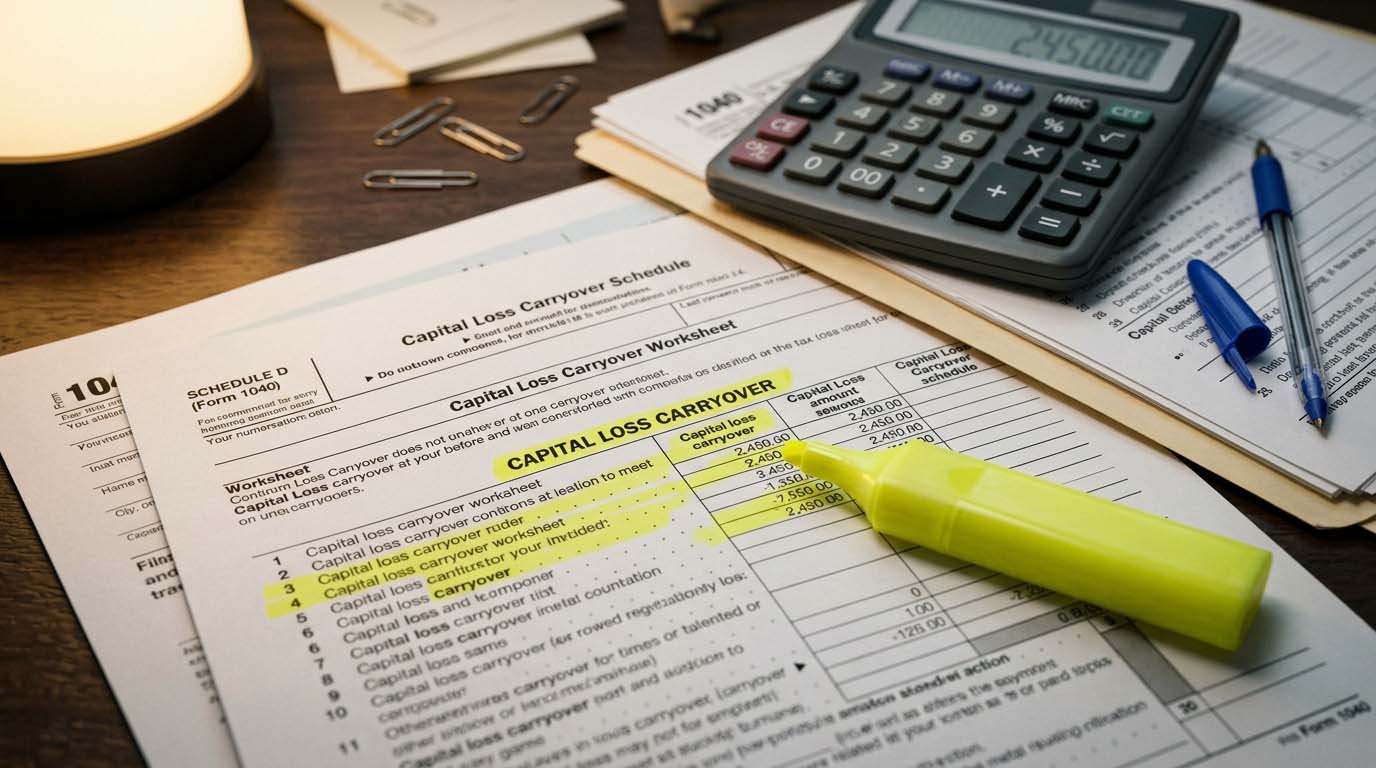 A realistic photo of a tax return form with a capital loss carryover schedule highlighted, representing carrying forward losses in tax-loss harvesting