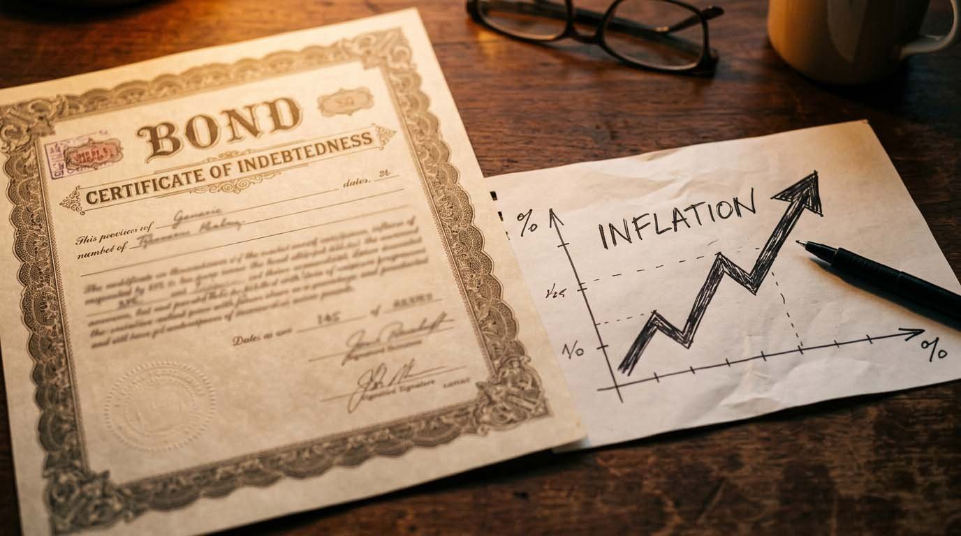 A generic bond certificate next to a rising inflation chart, representing inflation-adjusted principal