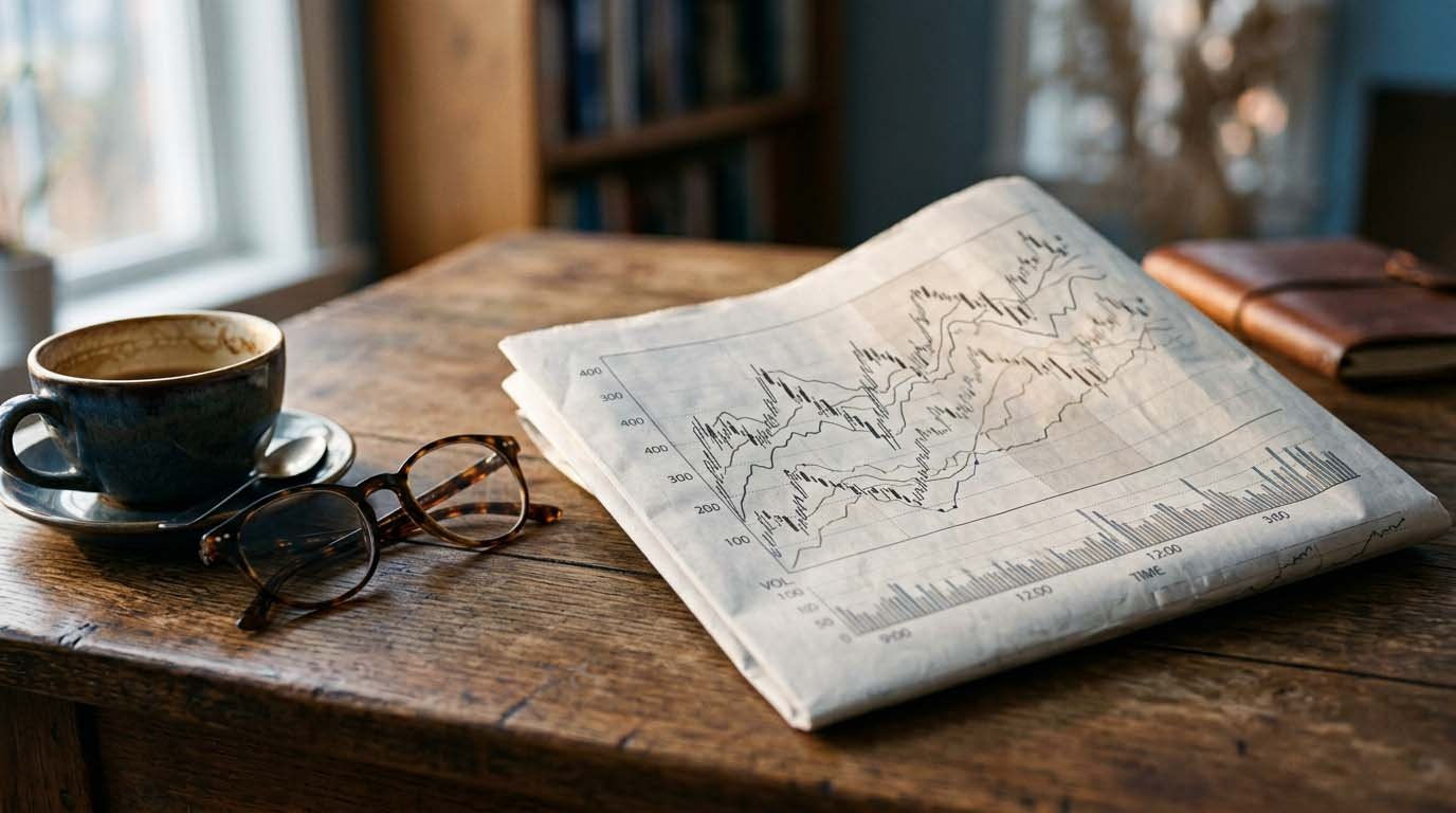 A financial newspaper folded open to a stock ticker chart on a wooden desk beside reading glasses and a cup of coffee
