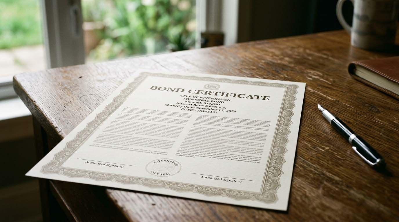 A bond certificate document resting on a desk next to a pen