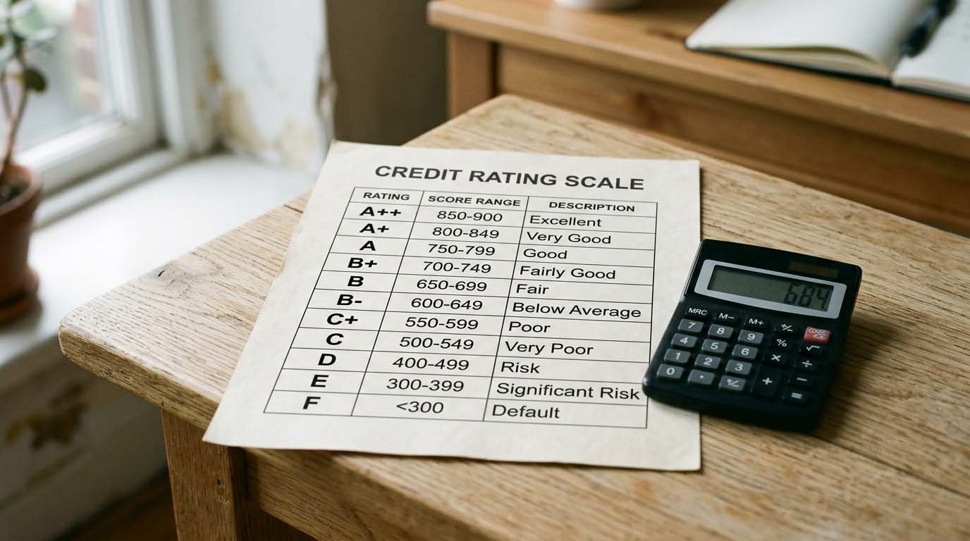 A credit rating scale chart showing letter grades from AAA to below investment grade