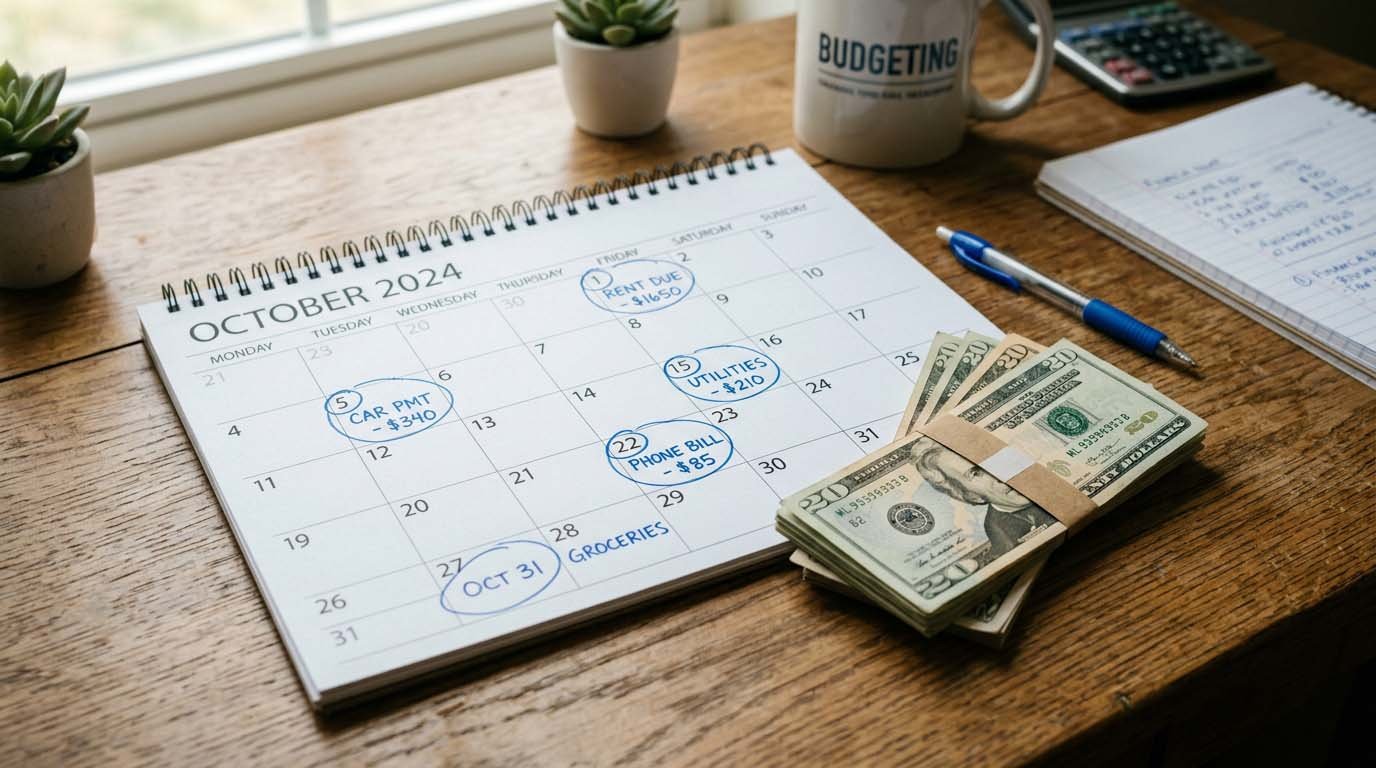 A calendar marked with recurring interest payment dates next to cash