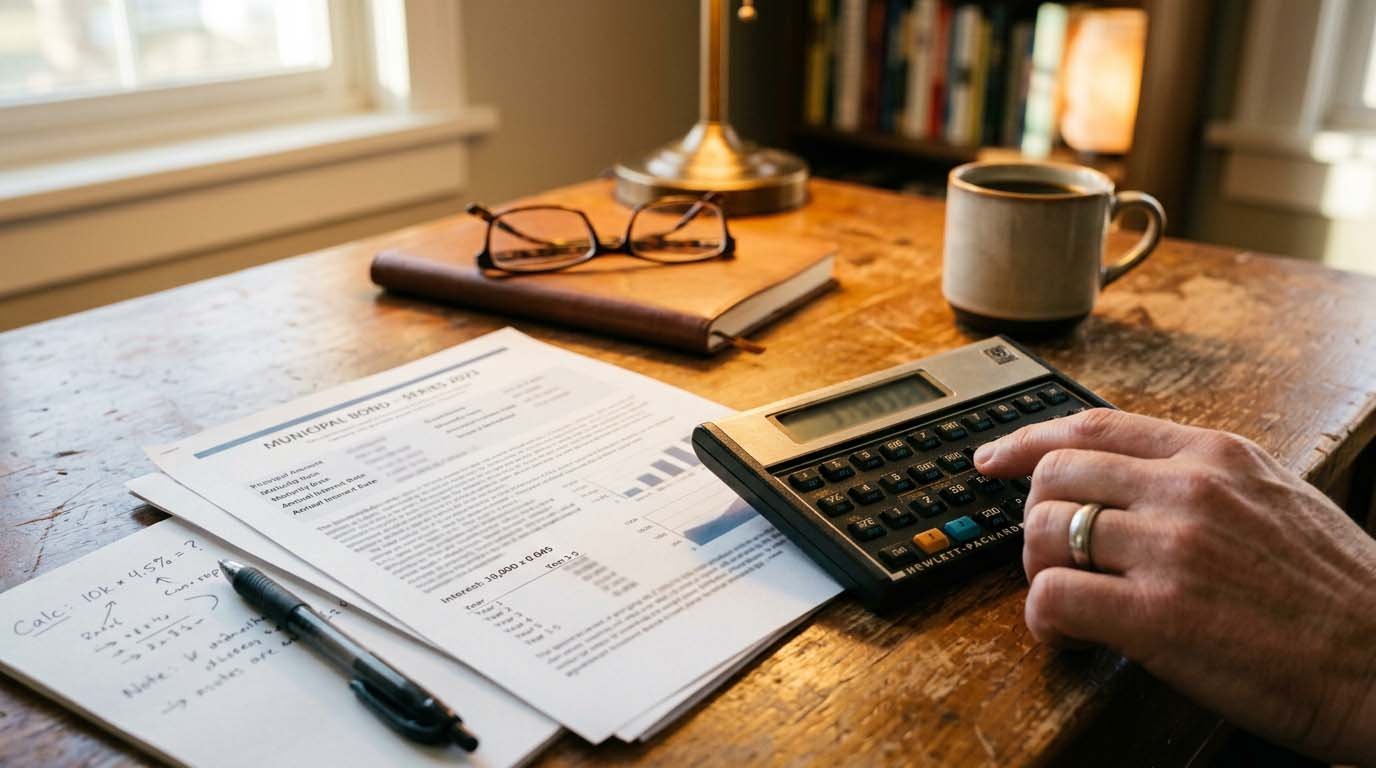 A calculator and a bond document on a desk showing an interest payment calculation