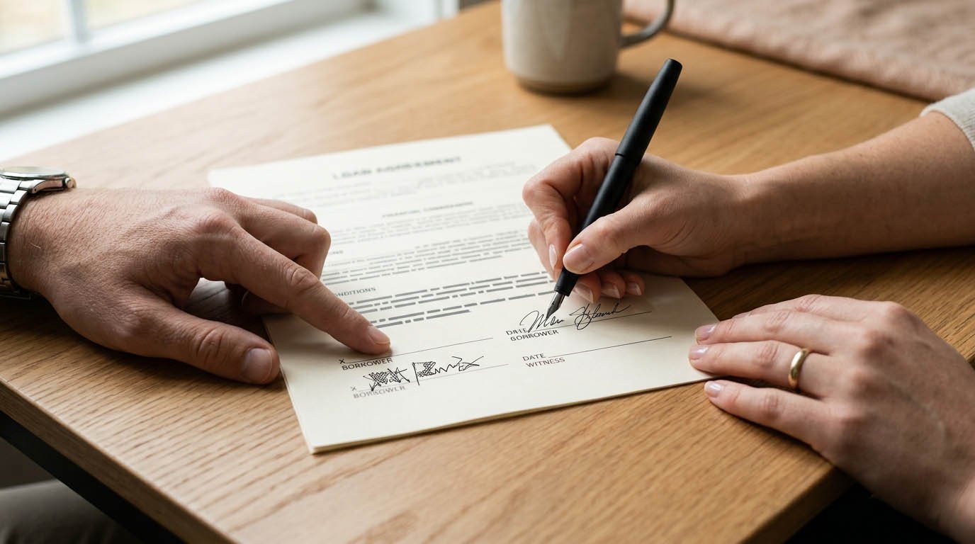 A loan document being signed by two people