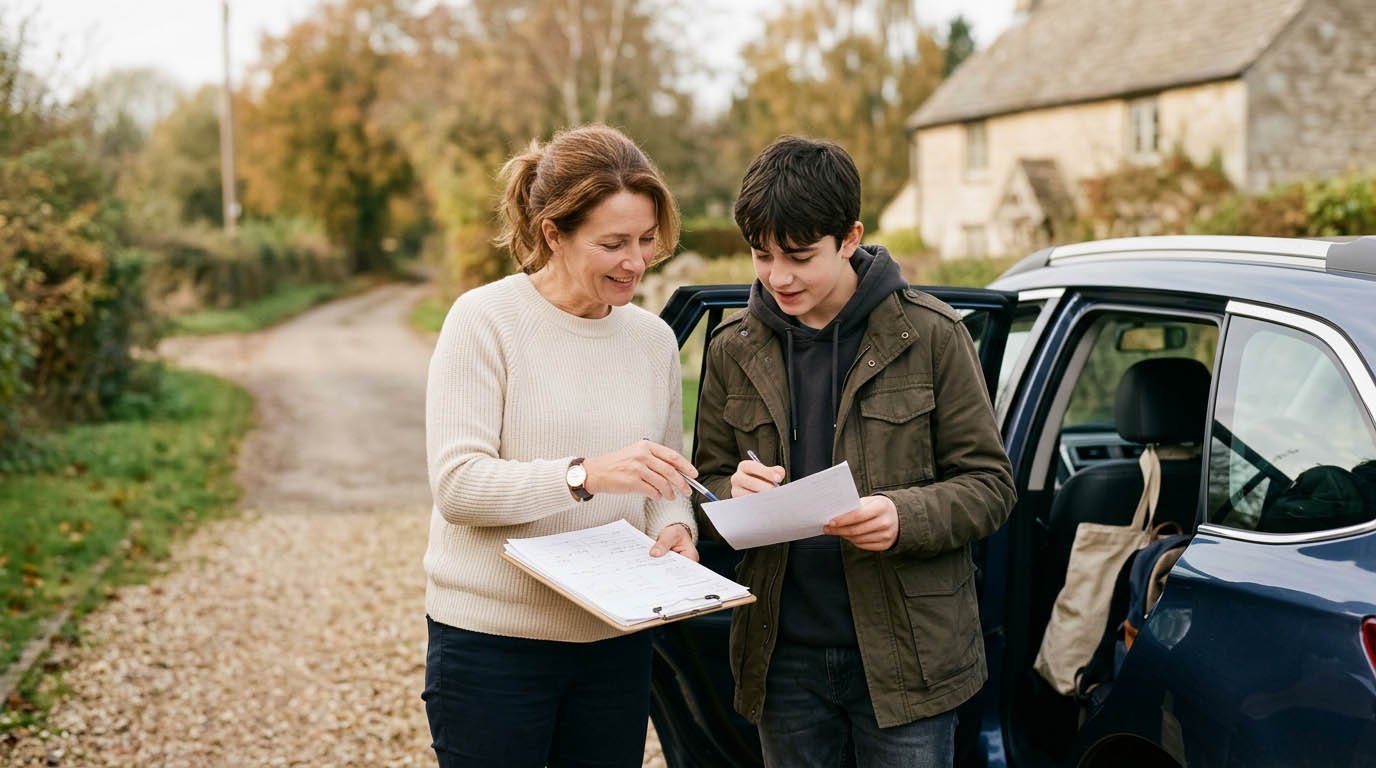 A parent and young adult signing paperwork for a car, illustrating a real-world example of what is a cosigner