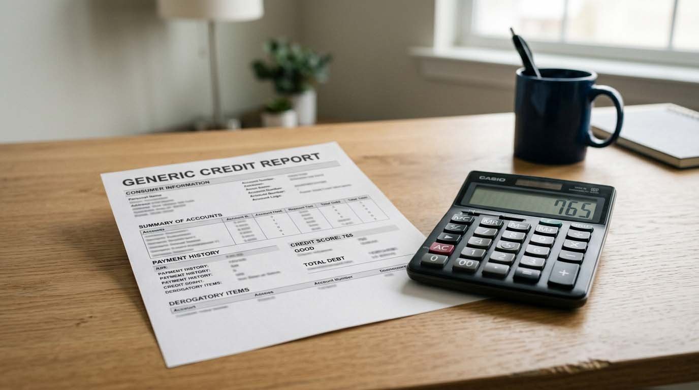 A generic credit report next to a calculator on a desk, representing factors that determine an origination fee