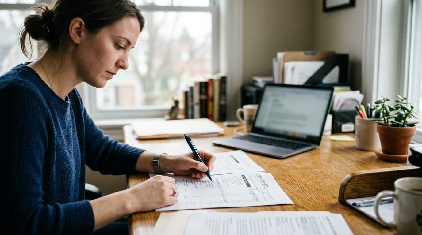 A person reviewing a loan document with a pen, checking the fee breakdown