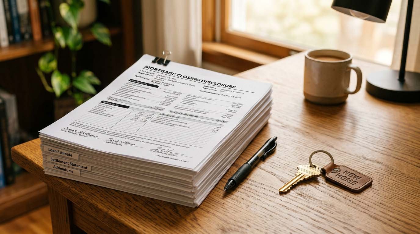 A stack of mortgage closing cost documents next to a house key on a desk