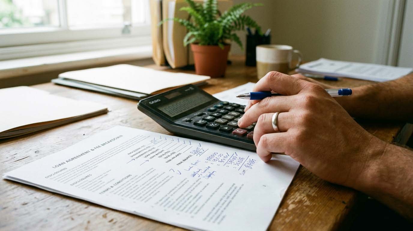 A calculator and loan paperwork on a desk showing a fee calculation example