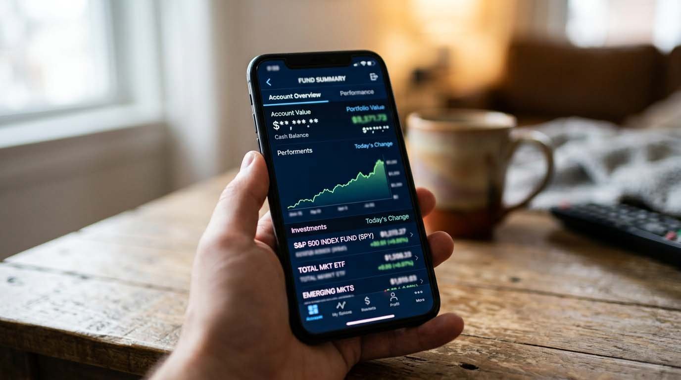 A brokerage app screen showing a fund's expense ratio and summary details