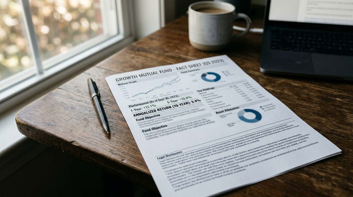 A mutual fund fact sheet showing an expense ratio percentage on a desk