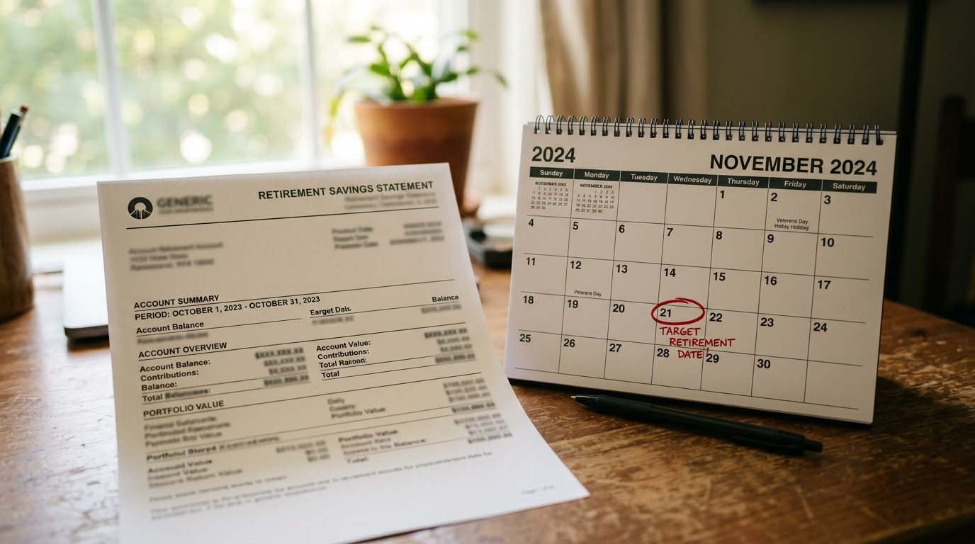 A retirement account statement next to a calendar marking a target retirement date