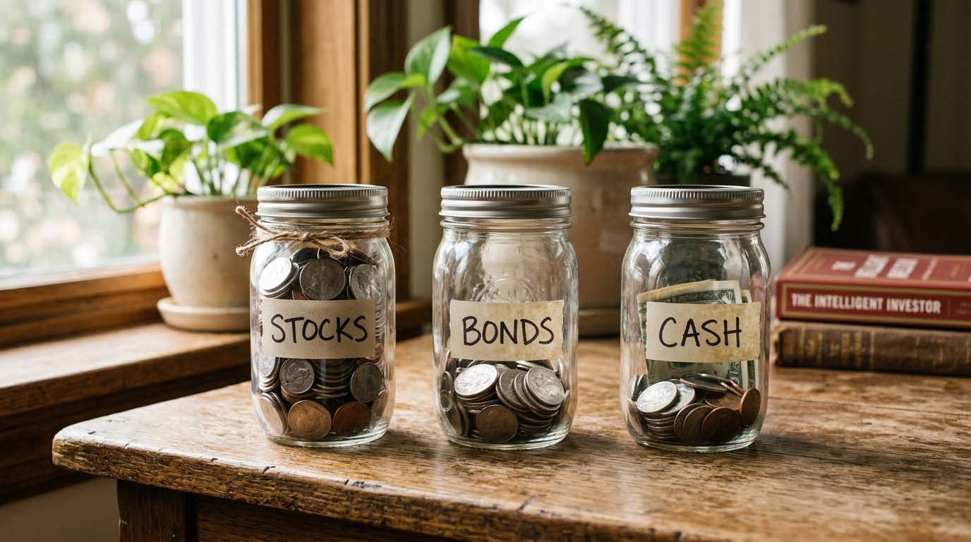 Three labeled glass jars containing different amounts of coins, representing a stocks, bonds, and cash allocation split
