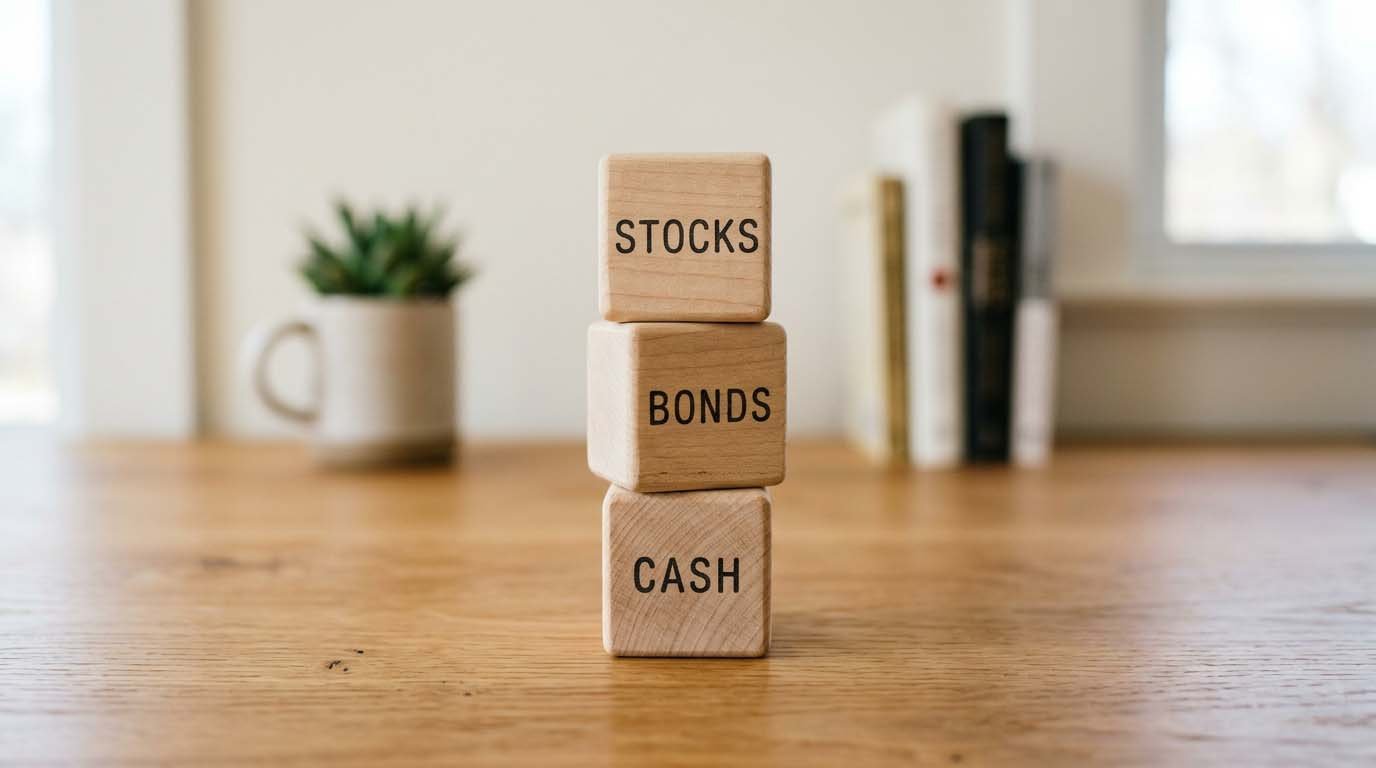 Three labeled blocks representing stocks, bonds, and cash stacked on a desk