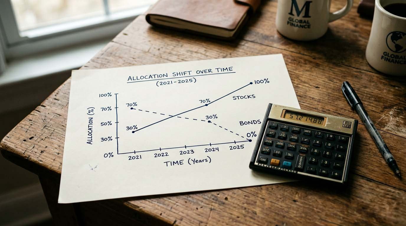 A simple timeline chart showing an allocation shifting from stock-heavy to bond-heavy as retirement approaches