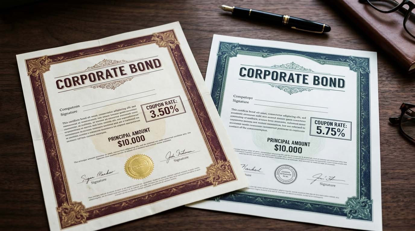 Two bond documents side by side with different coupon rates, illustrating factors that affect duration