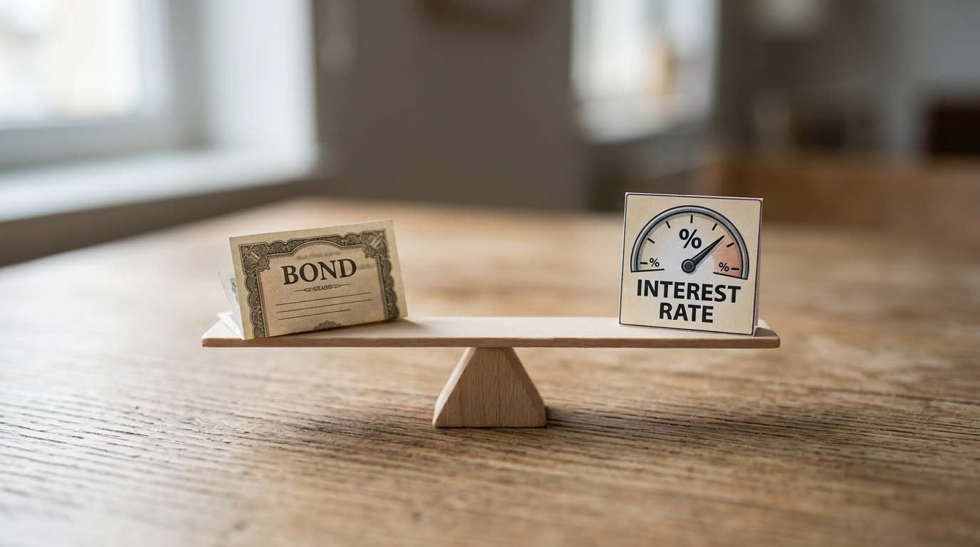 A seesaw balancing a bond certificate against an interest rate gauge, representing sensitivity to rate changes