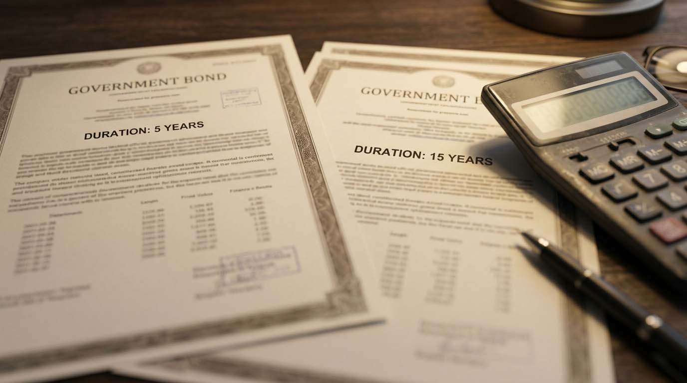 Two bond documents labeled with different duration values next to a calculator