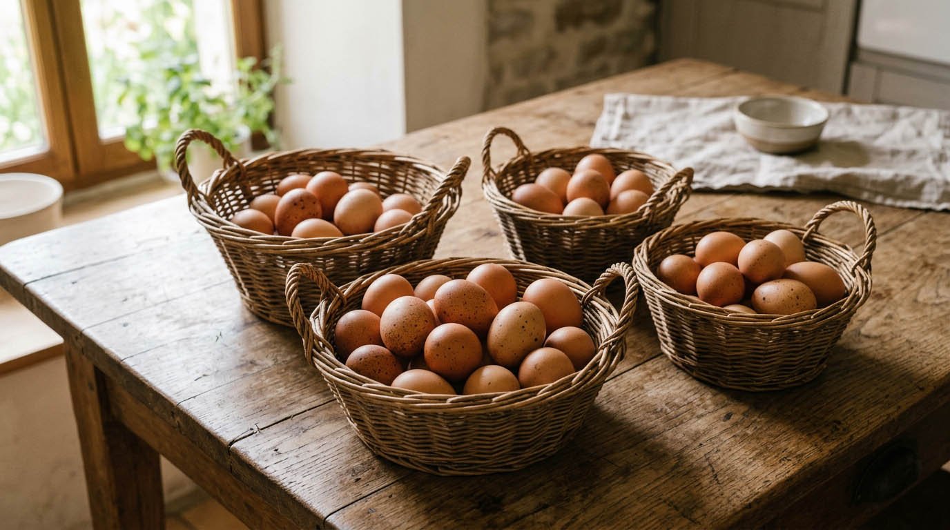Eggs spread across multiple baskets