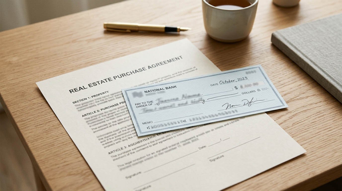 An earnest money check resting on a real estate purchase agreement, illustrating what is escrow during a home purchase