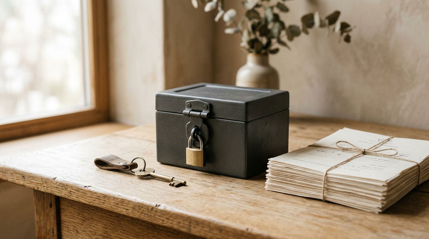 A locked strongbox between a house key and a stack of documents