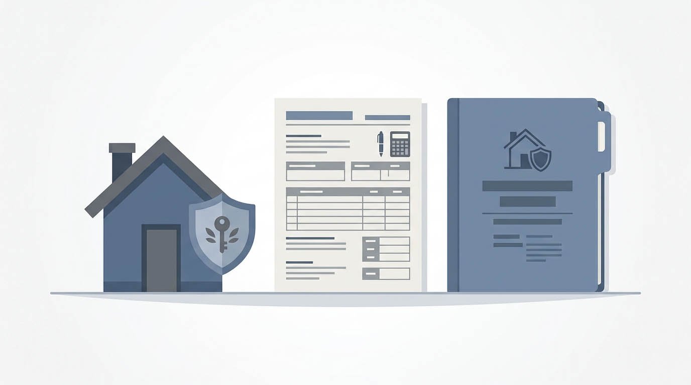 A house icon shielded next to a tax bill and insurance document, illustrating what is escrow protecting a lender against