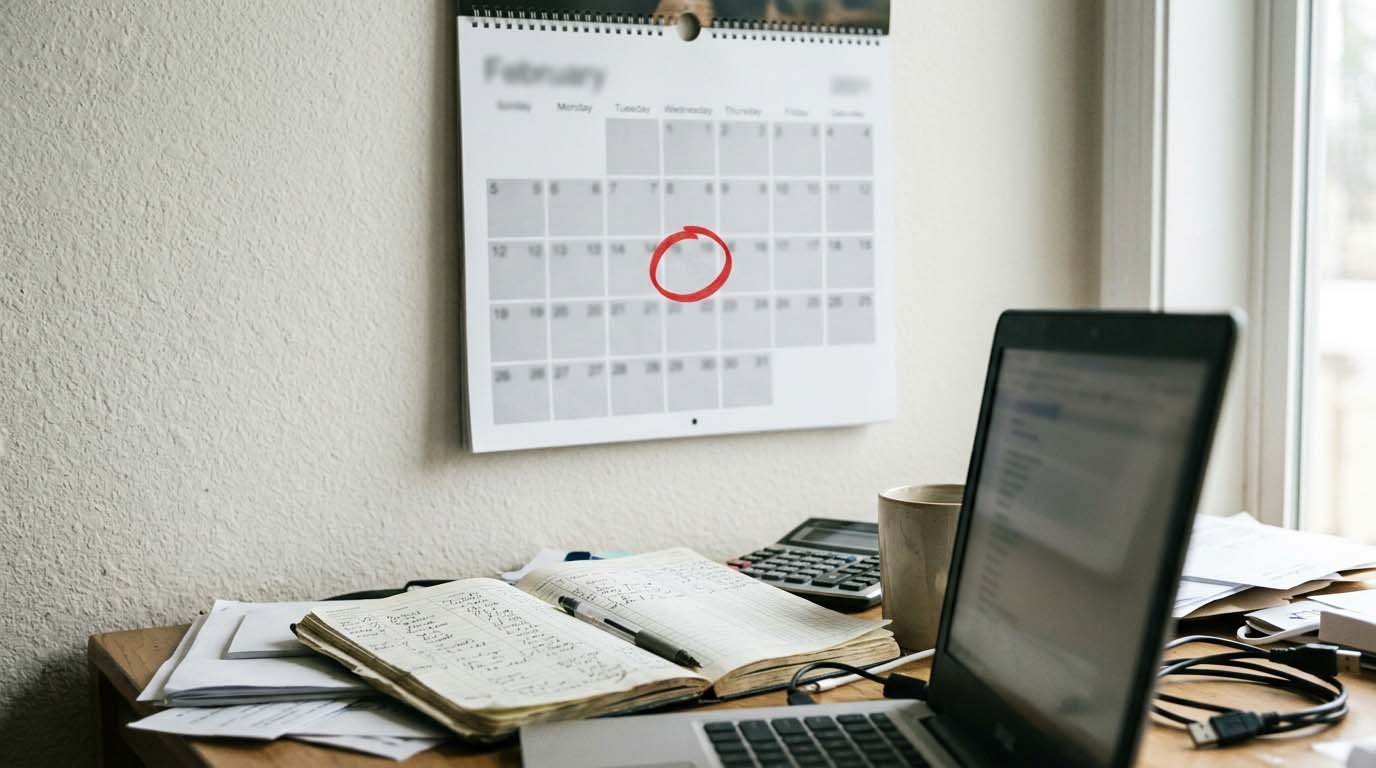 A wall calendar with a future date circled in red marker, a laptop and financial notebook visible on the desk below
