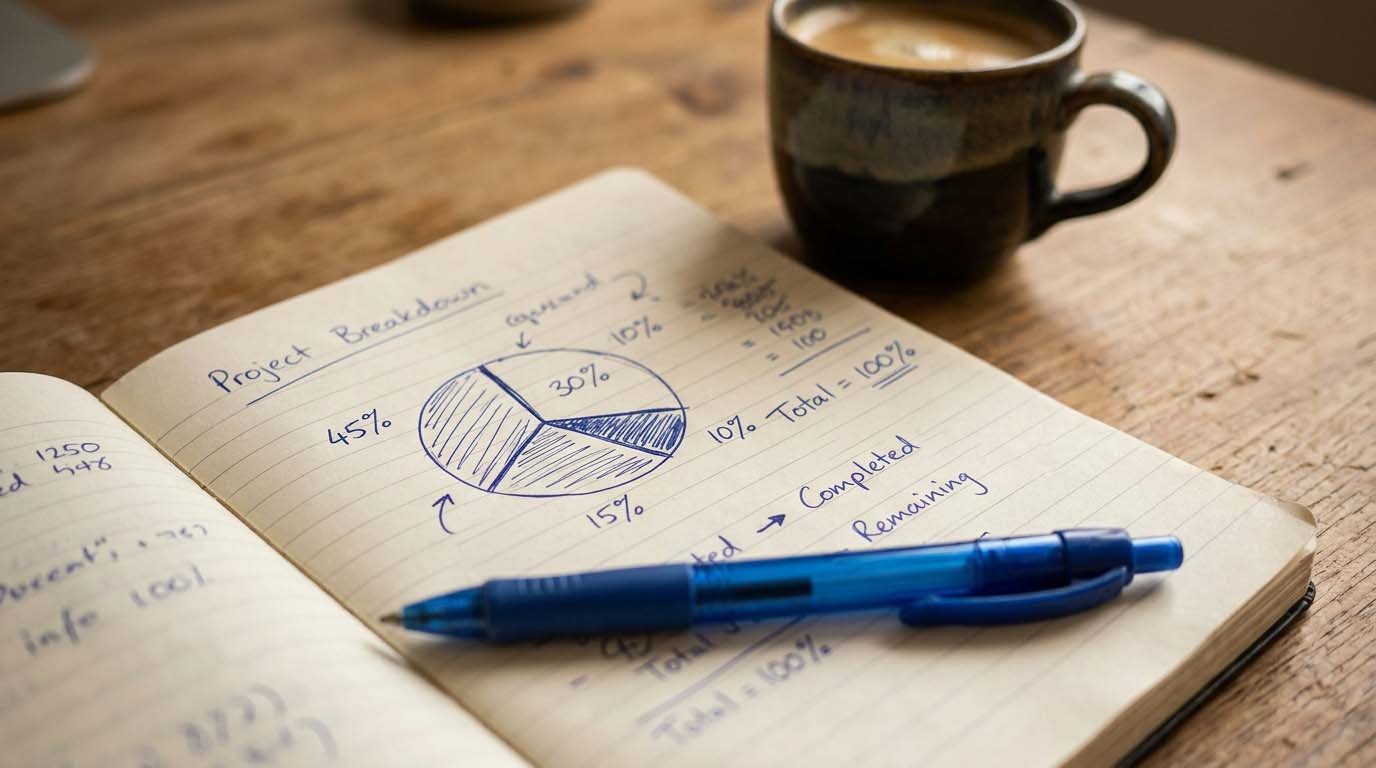 A handwritten notebook page showing a savings rate percentage chart next to a pen and a cup of coffee
