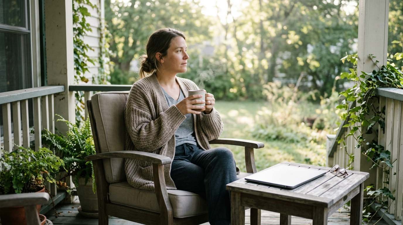 A person relaxed on a porch with a laptop closed beside them on a weekday morning