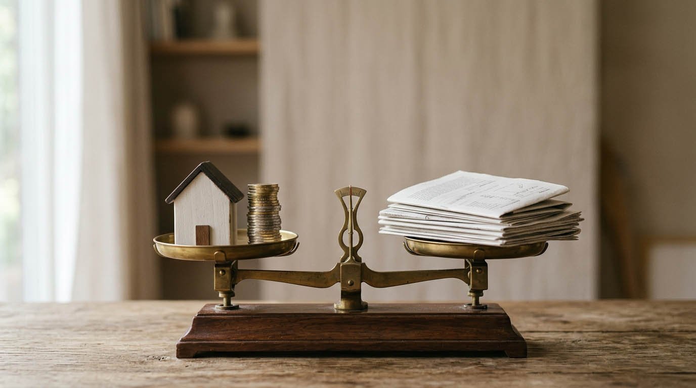 A balance scale weighing assets against liabilities