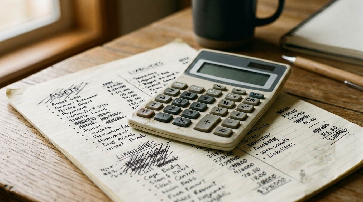 A calculator next to a list of assets and liabilities, illustrating common mistakes in calculating what is net worth