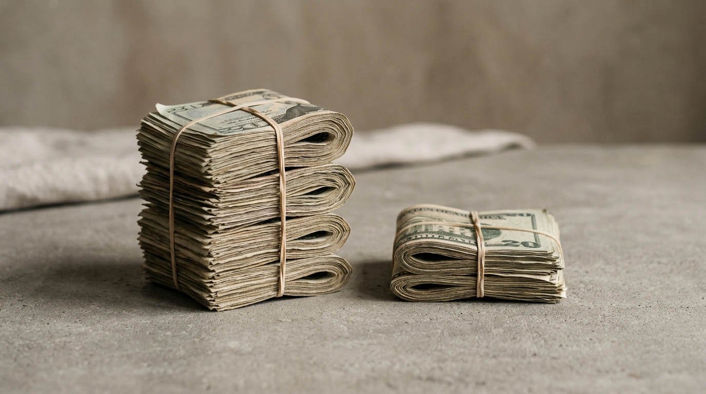 Two stacks of cash of different heights, illustrating the difference between income and what is net worth