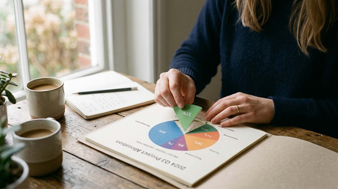 A portfolio pie chart printed on paper with a hand adjusting the slices back to target percentages