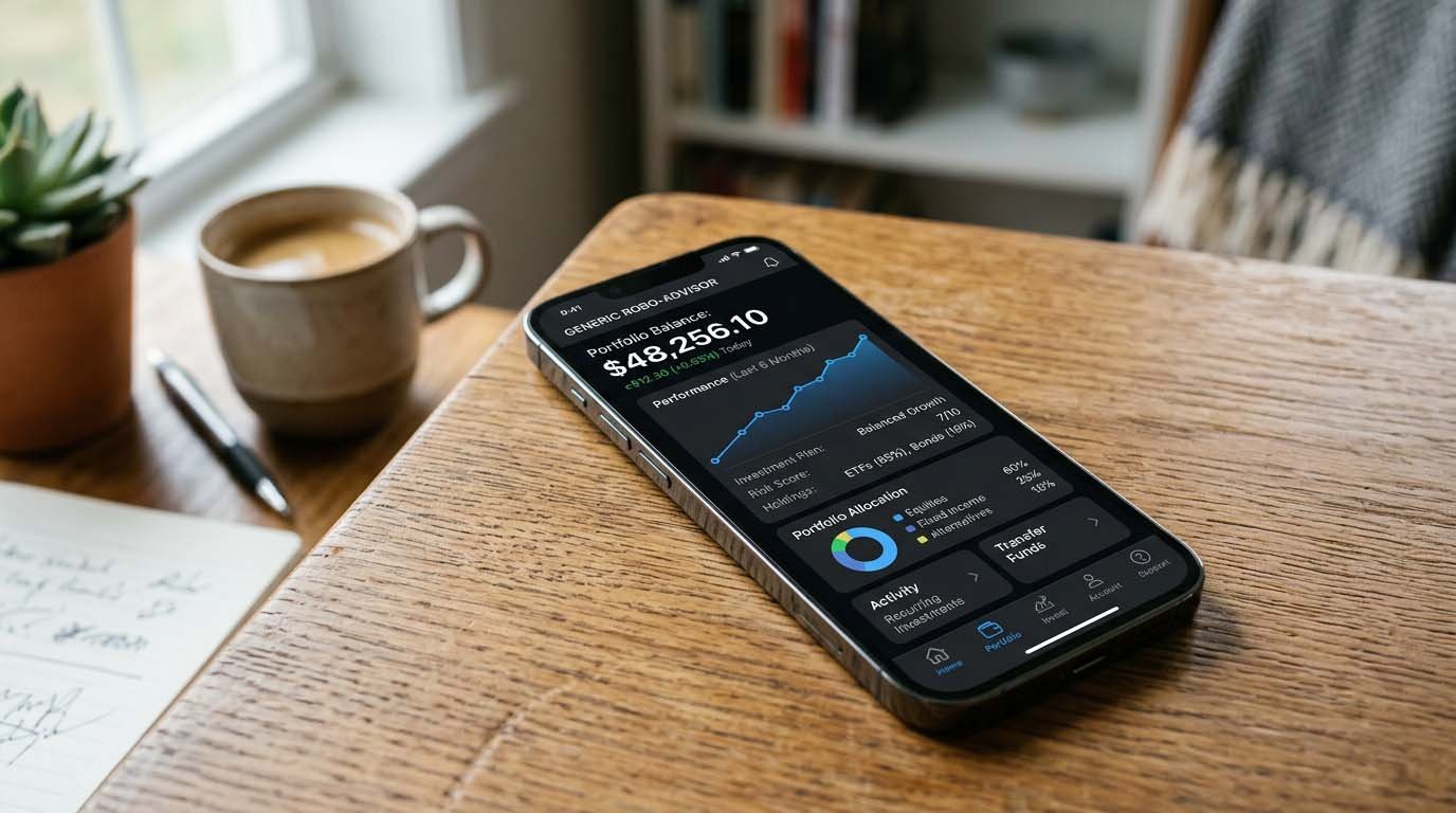A phone screen showing a robo-advisor app automatically adjusting portfolio allocations