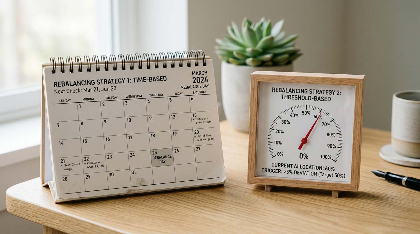 A calendar and a percentage gauge side by side, representing two rebalancing strategies