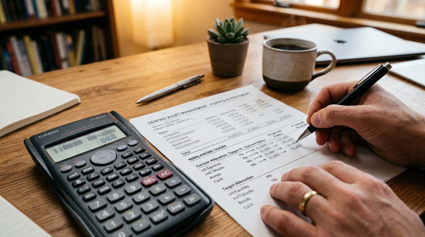 A calculator and portfolio statement on a desk showing a rebalancing calculation