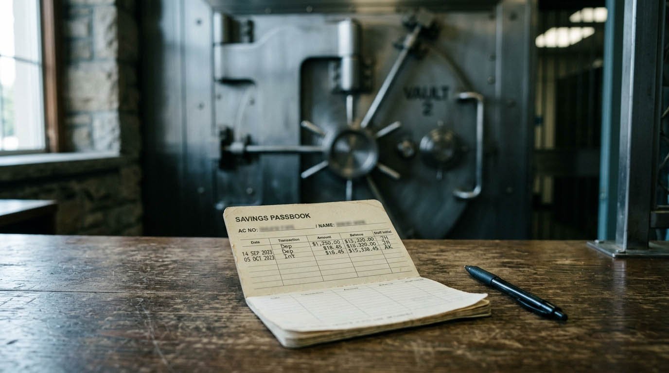 A savings account passbook resting near a bank vault door