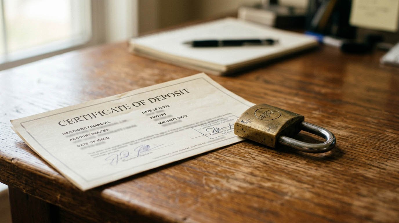 A realistic photo of a printed certificate of deposit document next to a small padlock on a desk