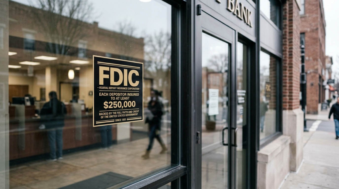 A realistic photo of an official FDIC insurance sign displayed in a bank branch window